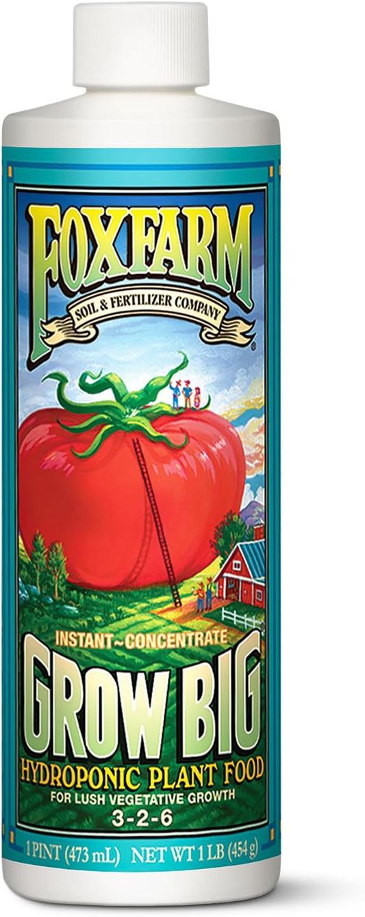 FoxFarm Grow Big Hydro Organic Liquid Fertilizer, 1 Pint - 3-2-6 Plant Food with Micro Nutrients for Hydroponic Systems - Enhances Vegetative Growth, Flowering, and Fruiting - pH Adjustable
