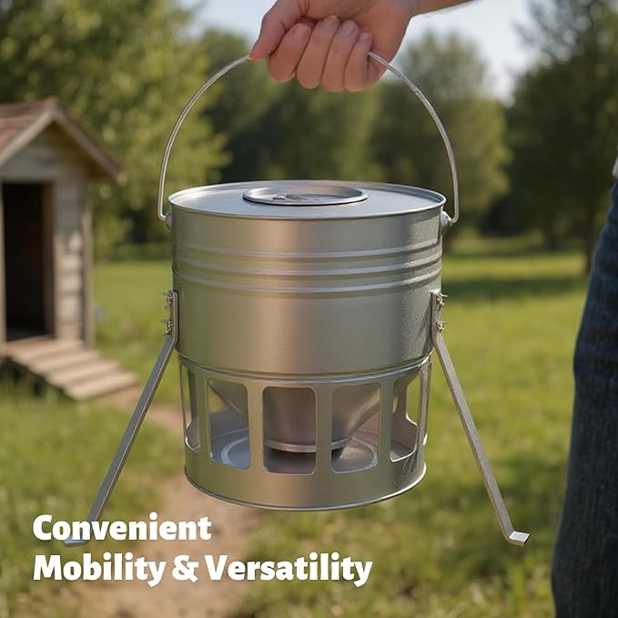 KOL Metal Chicken Feeder - 20lbs Ground Poultry Feeder with 12 Ports, Powder Coated Rust-Proof Design & Smooth Edges for Safe Feeding (Silver)