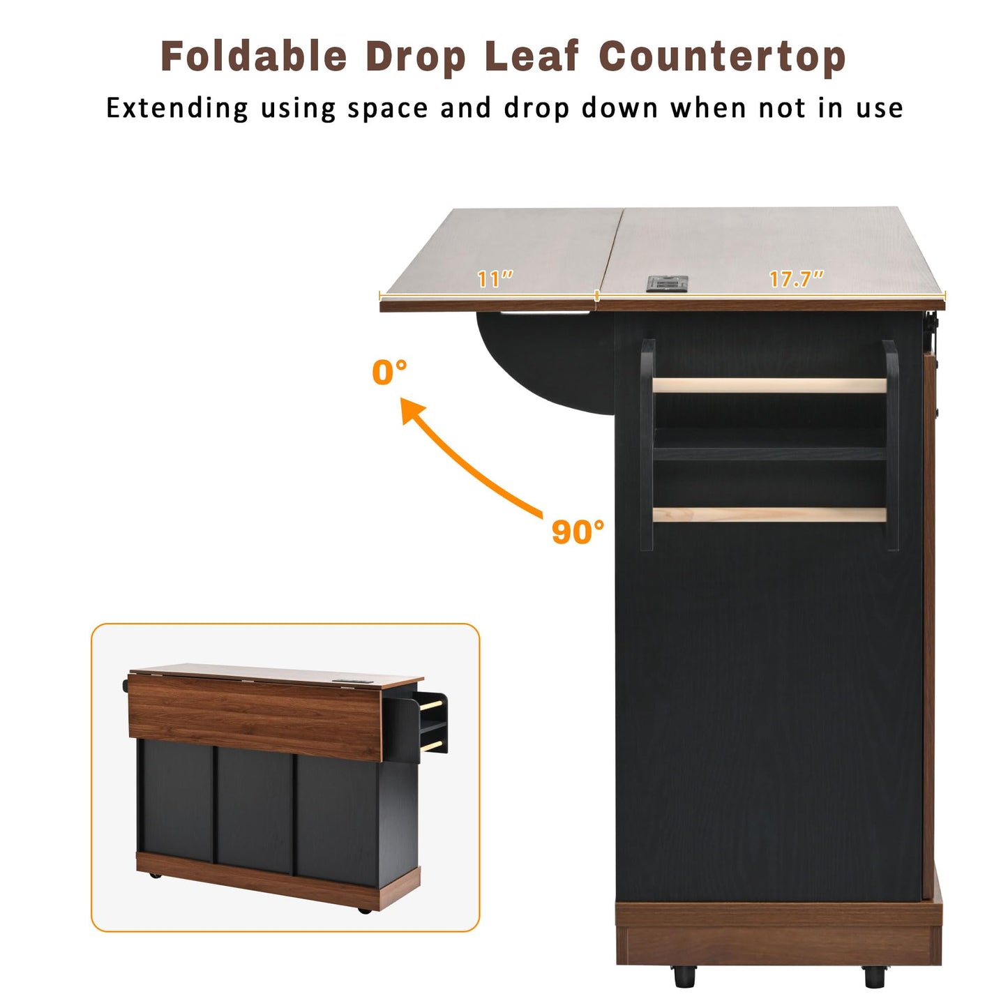 Merax 55.5" Farmhouse Kitchen Island with Drop Leaf, Kitchen Storage Island with Barn Door, Power Outlet, Rolling Kitchen Cart on Wheels with Spice Rack, for Home, Kitchen, Dining Room, Black