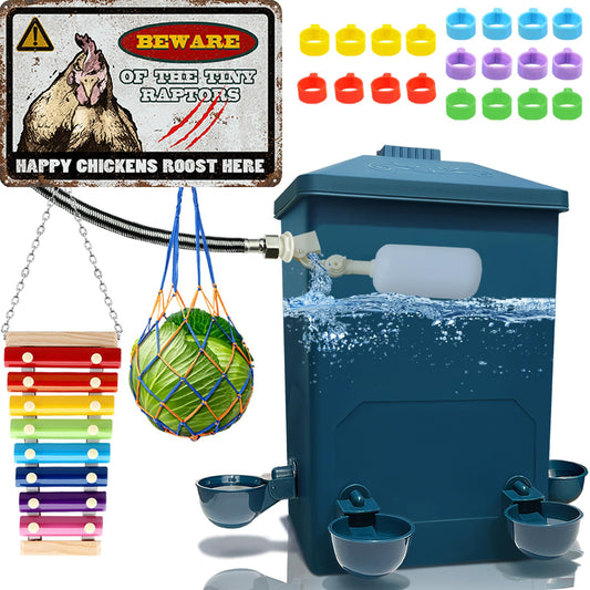 Chicken Waterer with Float Controlled Automatic Set, Chicken Coop Accessories - No Manual Water refilling Needed, 4 Gallon（Compatible with 5/8-inch and 3/4-inch Water Pipes, 60-inch Water Supply Pipe
