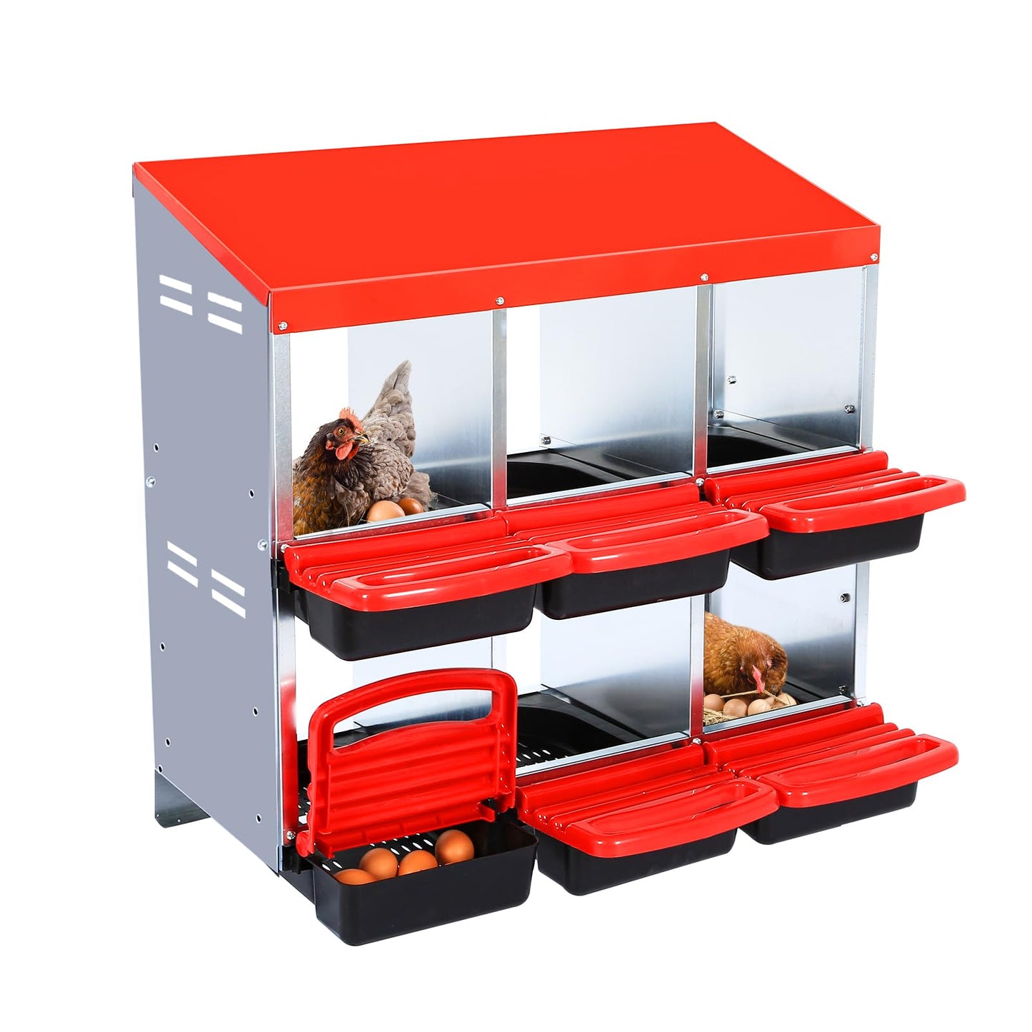 Garvee Chicken Nesting Boxes, 6 Hole Metal Chicken Laying Box with Removable Trays and Roll Out Egg Collection for Chicken Coop, Red
