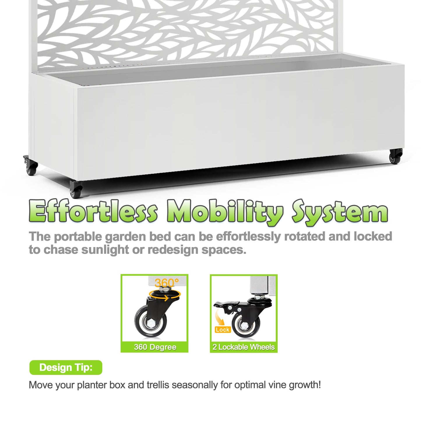 15.7"×70.9"×47.2" Metal Raised Garden Bed with Trellis and Wheels - Tall Trellis Planter Box for Climbing Plants, Vegetables & Vines - Outdoor Privacy Planters for Patio (White-Spring)