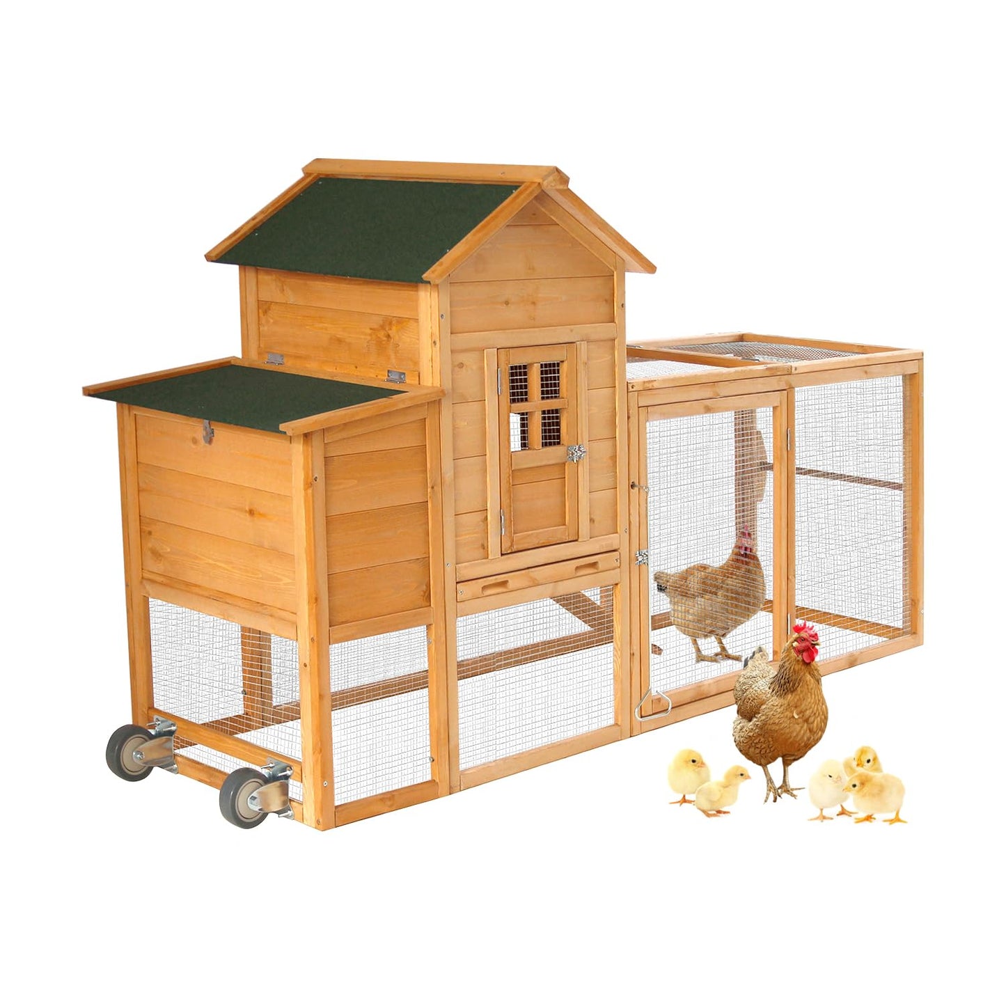 ECOLINEAR 80” Large Chicken Coop, Waterproof Wooden Hen House for 2-4 Chickens, Outdoor Chicken House with Nesting Box, Removable Tray, PVC Cover, Run, for Garden Backyard Cage