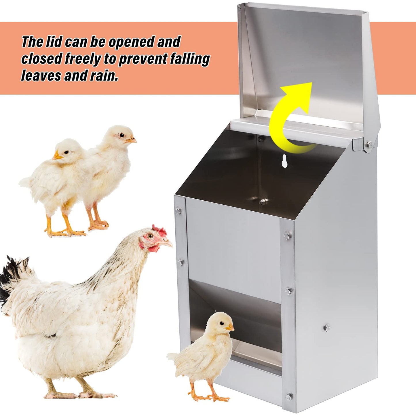 KHEARPSL Stainless Steel Wall Mounted Chicken Feeder Hanging Automatic Poultry Feeder with Lid Weatherproof Metal Poultry Feeders Trough(10LB Capacity)