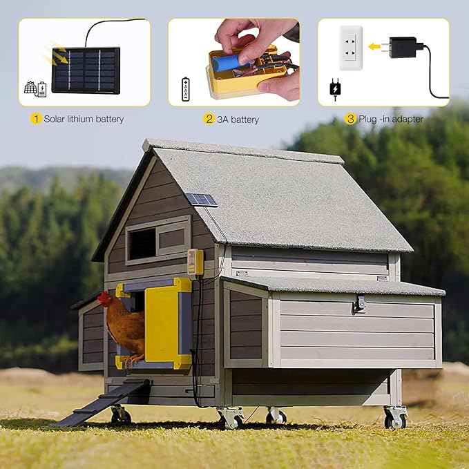 Automatic Chicken Coop Door Opener with Heating and Anti-Pinch Function Solar Powered Auto Chicken House Run Door (Yellow&Grey)