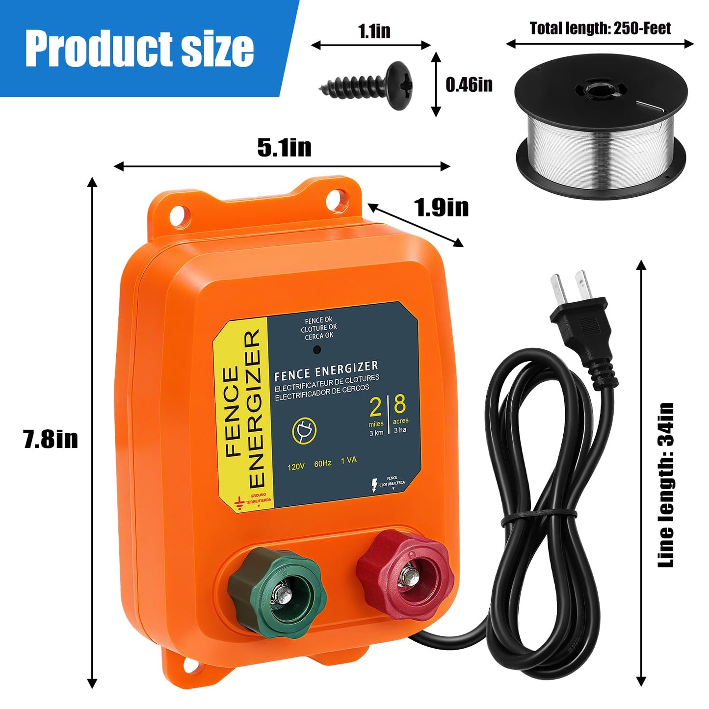 PE2 Electric Fence Energizer Plus 250 Feet Electric Fence Kit 0.10 Joule Livestock Fence Chargers for Accommodating Pets Livestock and Preventing Wildlife Invasion (Aluminum Wire)