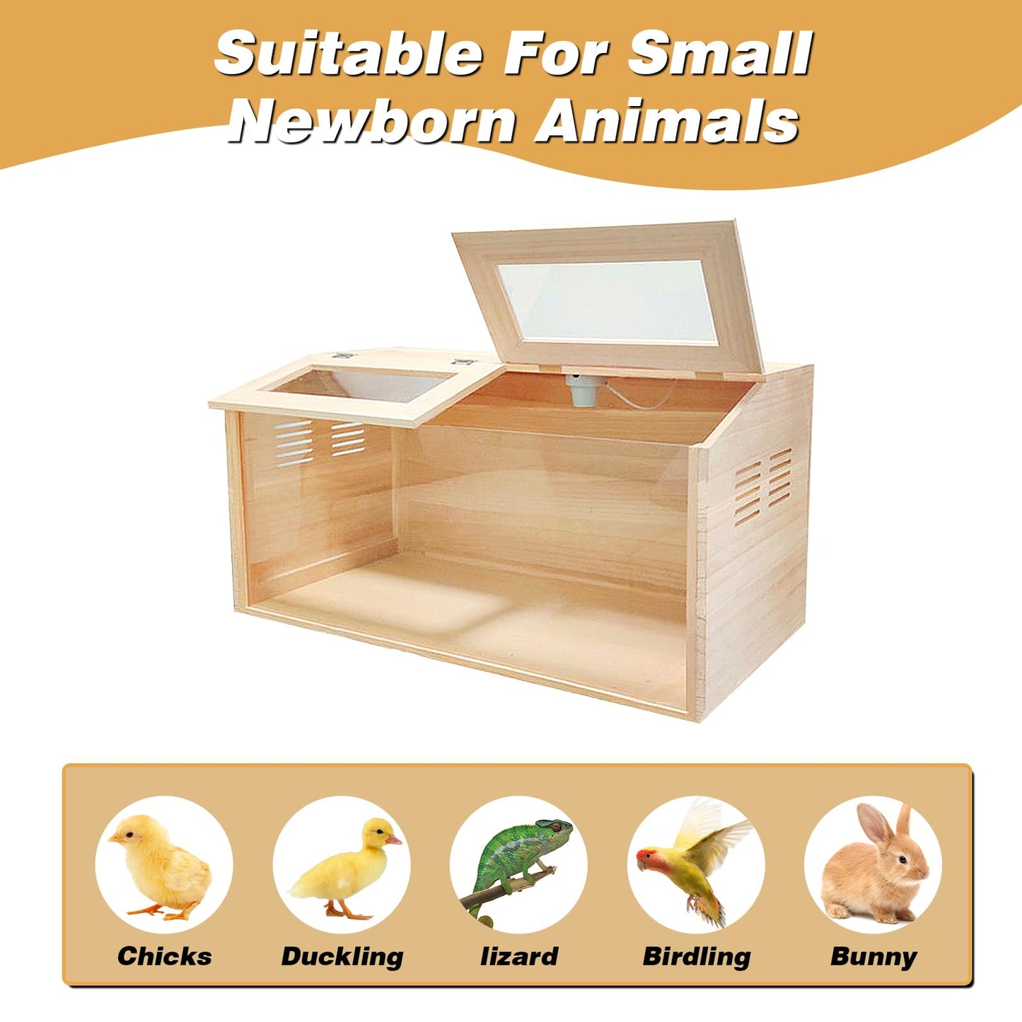 Solid Wood Chicken Brooder Box with Lighting Kit & Thermometer - Indoor Brooding for 25 Chicks (32x16x16) - Ideal for Chickens, Ducks, Quails, Hamsters & Lizards