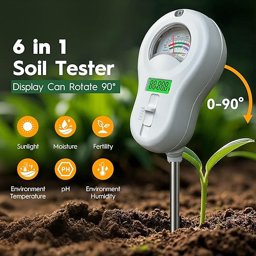 6-in-one Soil Test Kit-Soil Moisture Meter/PH Meter/Fertility/Sunlight Intensity Soil Tester, LCD Air Hygrometer&Temperature Moisture Meter for Plants-Garden, Lawn,Farm,1 Pack Detachable Probe