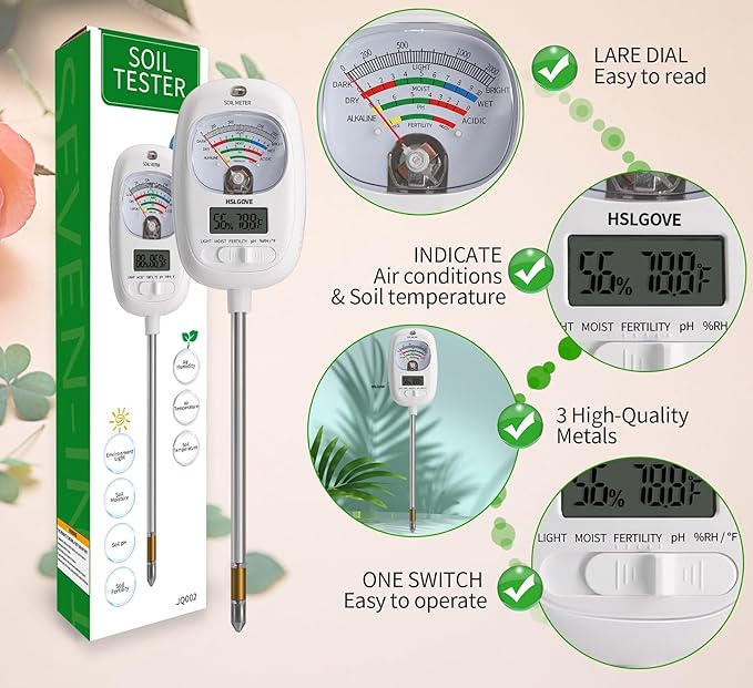 HSLGOVE Soil Test Kit, 7-in-One Soil Moisture Meter/Soil PH Meter/Fertility, Dual Screen Soil Tester w/Digital Soil Temp/Air Temp&Humidity for Plants Gardening,Lawn,Farm Indoor&Outdoor-PureWhite