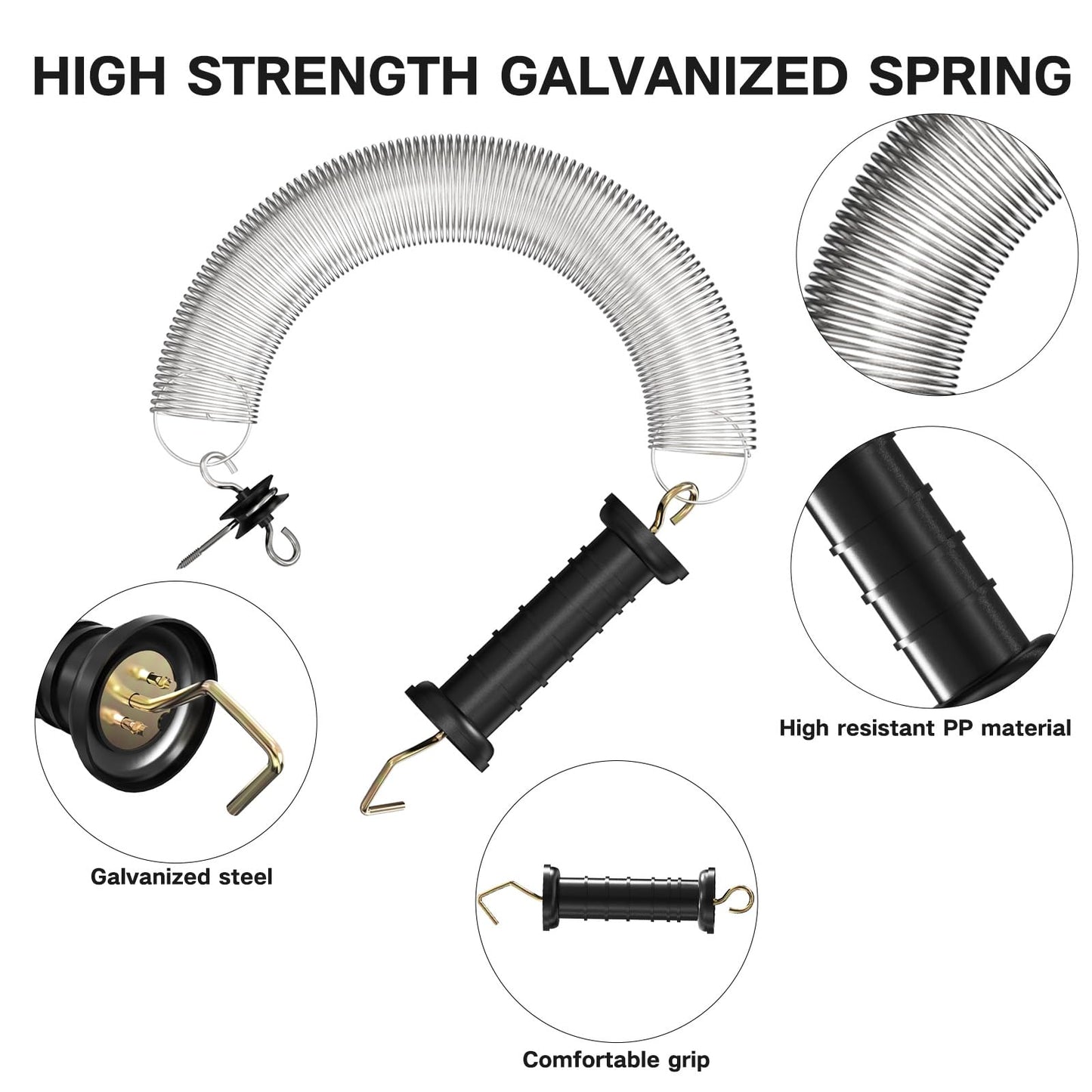 12PCS Electric Fence Gate Kit, 3 Sets Electric Fence Spring Gate Handles Kit, Plastic Electric Fence Gate Handle with Insulators with Spring 16-Feet Tension Spring and Two Way Hook Fence Insulator