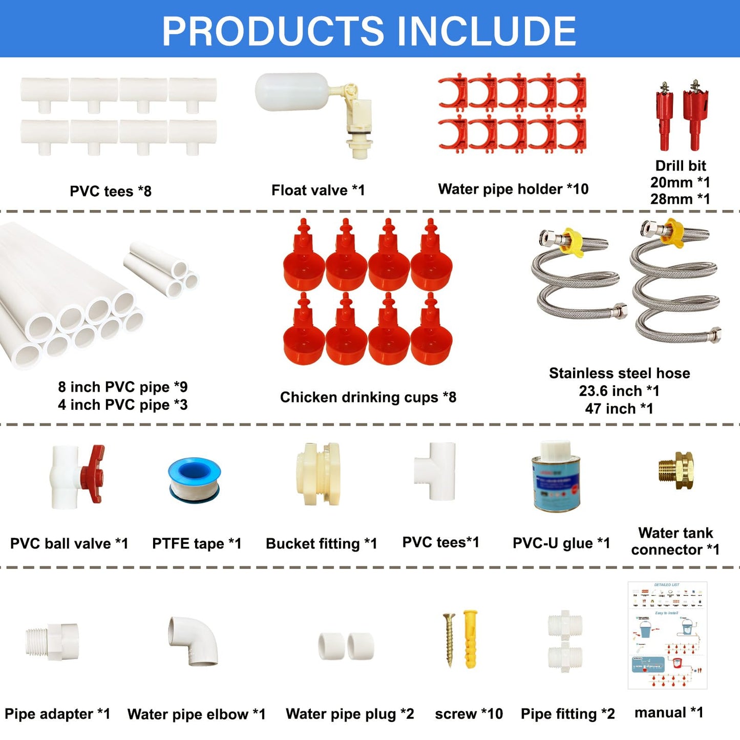 Complete Set Pipeline Automatic Chicken Waterer System with PVC Pipeline and 304 Stainless Steel Hose, Chicken Water Cups, Chicken Watering System. (No Bucket Included)