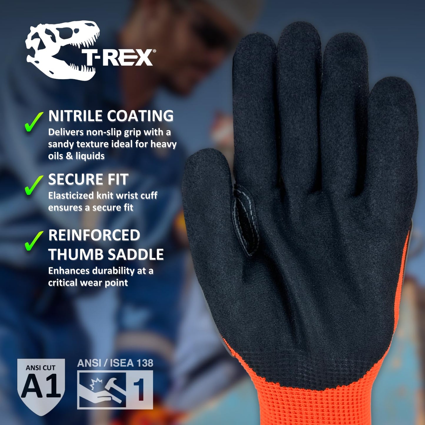 MAGID T-REX Flex Series Nitrile Coated General Purpose Impact Gloves, 72 Pairs, Size 9/Large, TRX400