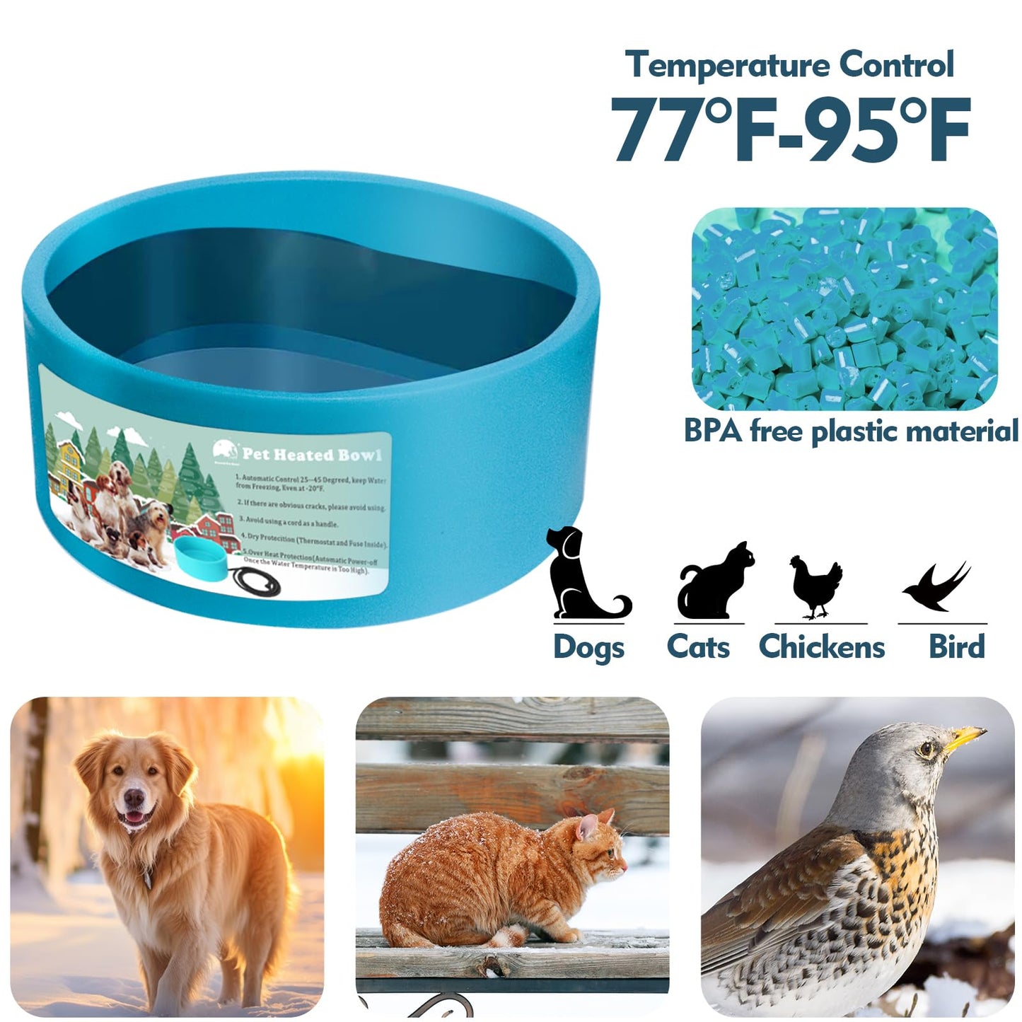 Heated Water Bowl for Dog & Cat, Outdoor Heated Dog Bowl Provides Drinkable Water & Food in Winter, Heated Pet Bowl for Outside, Smart Thermal-Dish for Rabbit, Chicken, Duck, Squirrel (98 OZ)