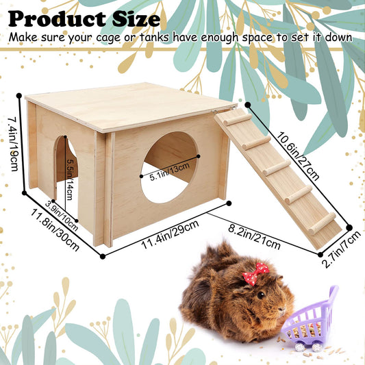 kathson Guinea Pig Hideout House,Wooden Chinchilla Hide Hut with Climbing Ladder and Windows, Hamster House for Mouse Hedgehog Squirrel Mice Gerbils Hiding Sleeping and Playing
