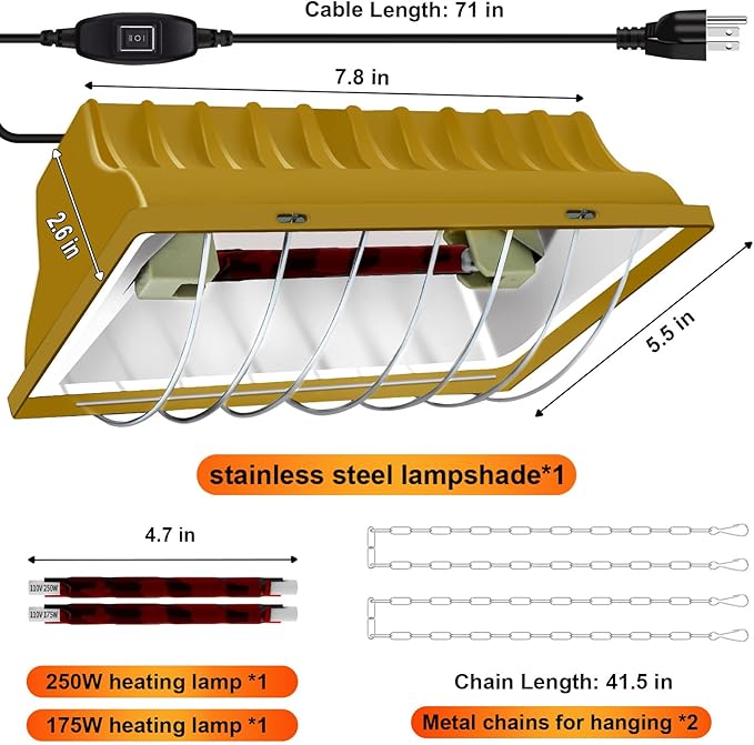 Chicken Coop Heating Lamp Brooder 250W, Adjustable Heating Temperature and Hanging Height, with Aluminum Alloy Lampshade, Suitable for Poultry Indoor Heater (Gold)