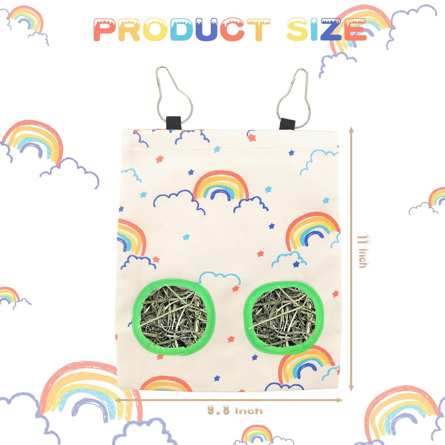 2Pcs Hay Bag for Rabbits - 2 Holes 9×11.5 Inch Colorful Rainbow Guinea Pig Hanging Hay Feeder Bags Washable Bunny Hay Bag Storage Dispenser for Guinea Pig Chinchilla Hamster Bunny Small Animal Pet