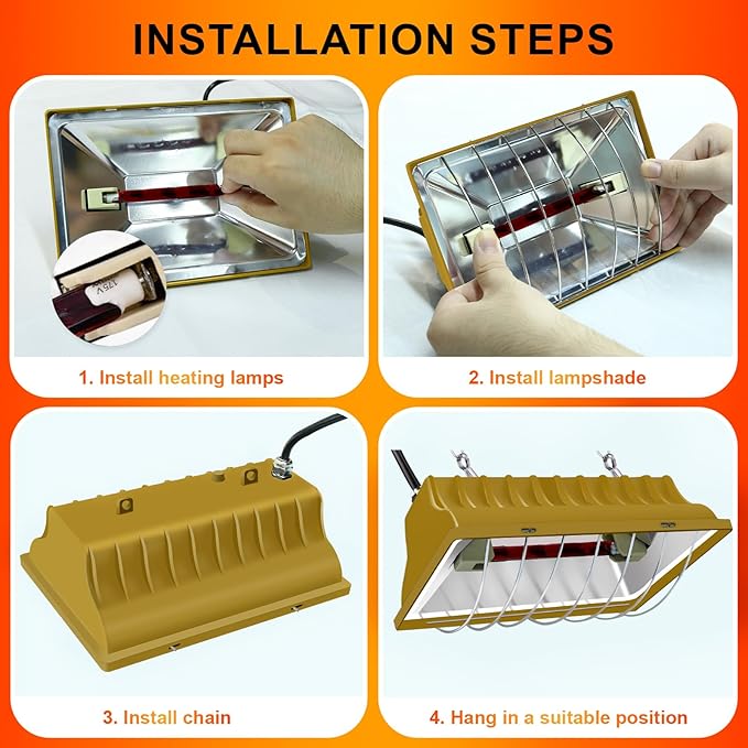 Chicken Coop Heating Lamp Brooder 250W, Adjustable Heating Temperature and Hanging Height, with Aluminum Alloy Lampshade, Suitable for Poultry Indoor Heater (Gold)