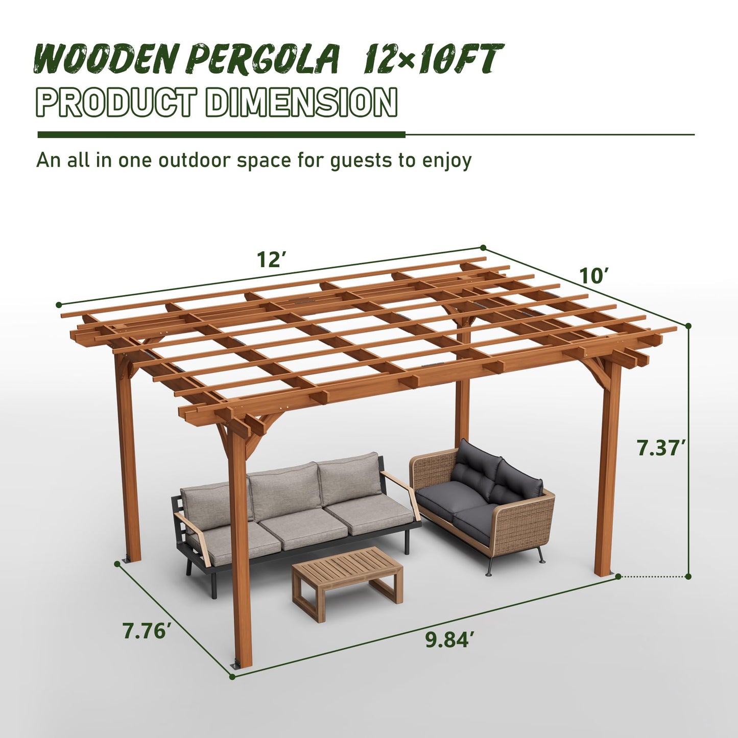 KEIKI 12 x 10 FT Outdoor Wood Pergola, Wooden Grape Trellis for Climbing Plant Support, Garden, Patio, Backyard, Deck, Brown
