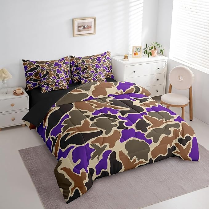 Feelyou Duck Hunter Purple Camouflage Hunting 7 Pieces Bedding Set, Queen Size Black Brown All Season,Bed in a Bag with Comforter, Sheets, Pillowcases Camo Army Bed Set Breathable Wild Room Decor