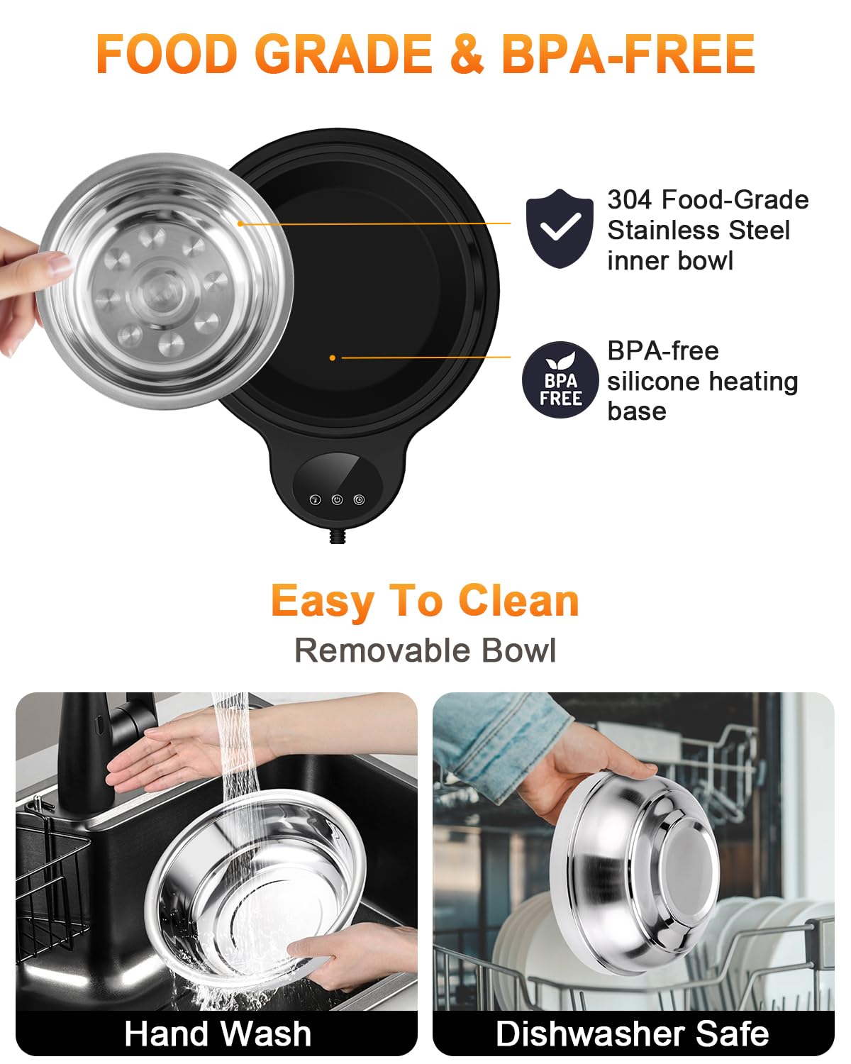 Heated Water Bowl for Dog & Cat, 3 Temperature Settings & 12H Timer, Outdoor Heated Pet Bowl with BPA-Free and 50oz Removable Stainless Steel Bowl, Anti-Chew Cord, for Chickens, Ducks, Birds