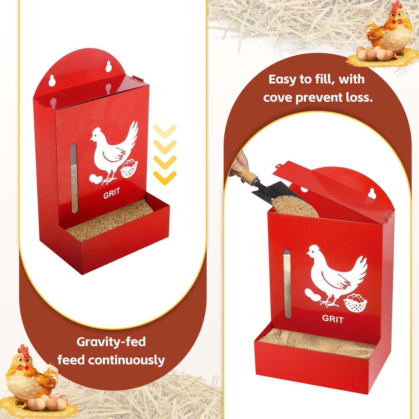 Chicken Oyster Shell and Grit Feeder, 2pcs Poultry Feeder Metal Gravity Hanging Chicken Feeders Chick Grit Oyster Shells Coop Accessories