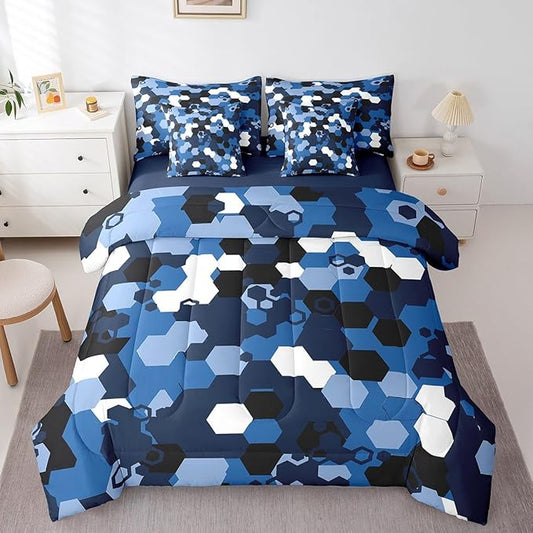jejeloiu Deep Blue Honeycomb 7 Pieces Bedding Set Queen Size Modern Hexagon Theme Comforter Set with Sheets for Kids Decor Camouflage Camo Geometric Abstract Bed in a Bag Soft Bedroom Decor