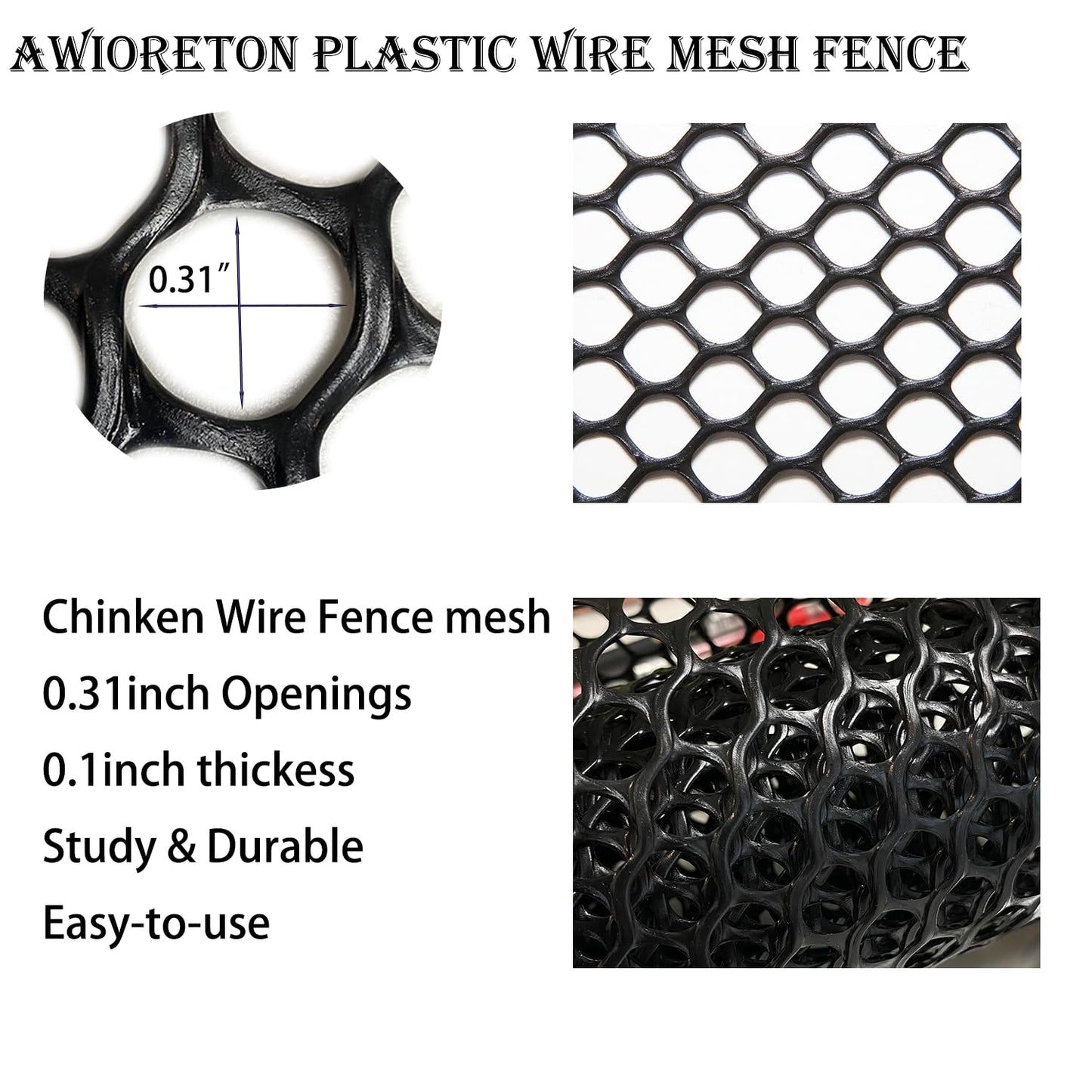 Chicken Wire Fence Mesh, Plastic Hexagonal Fencing for Gardening with Zip Ties, 15.7IN x 10FT Black Poultry Fencing,Garden Netting, Chicken Wire Frame for Crafts, Floral Netting
