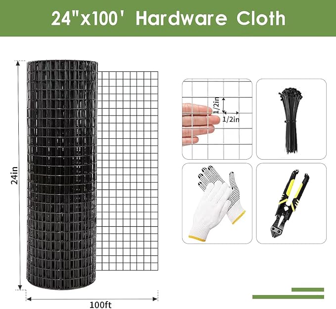 Tongmo Black Hardware Cloth, 1/2 inch 48'' x 100'Chicken Wire Fence, 19 Gauge Vinyl Coated Welded Cage Wire Mesh Roll Supports Poultry Netting Cage Garden Fence