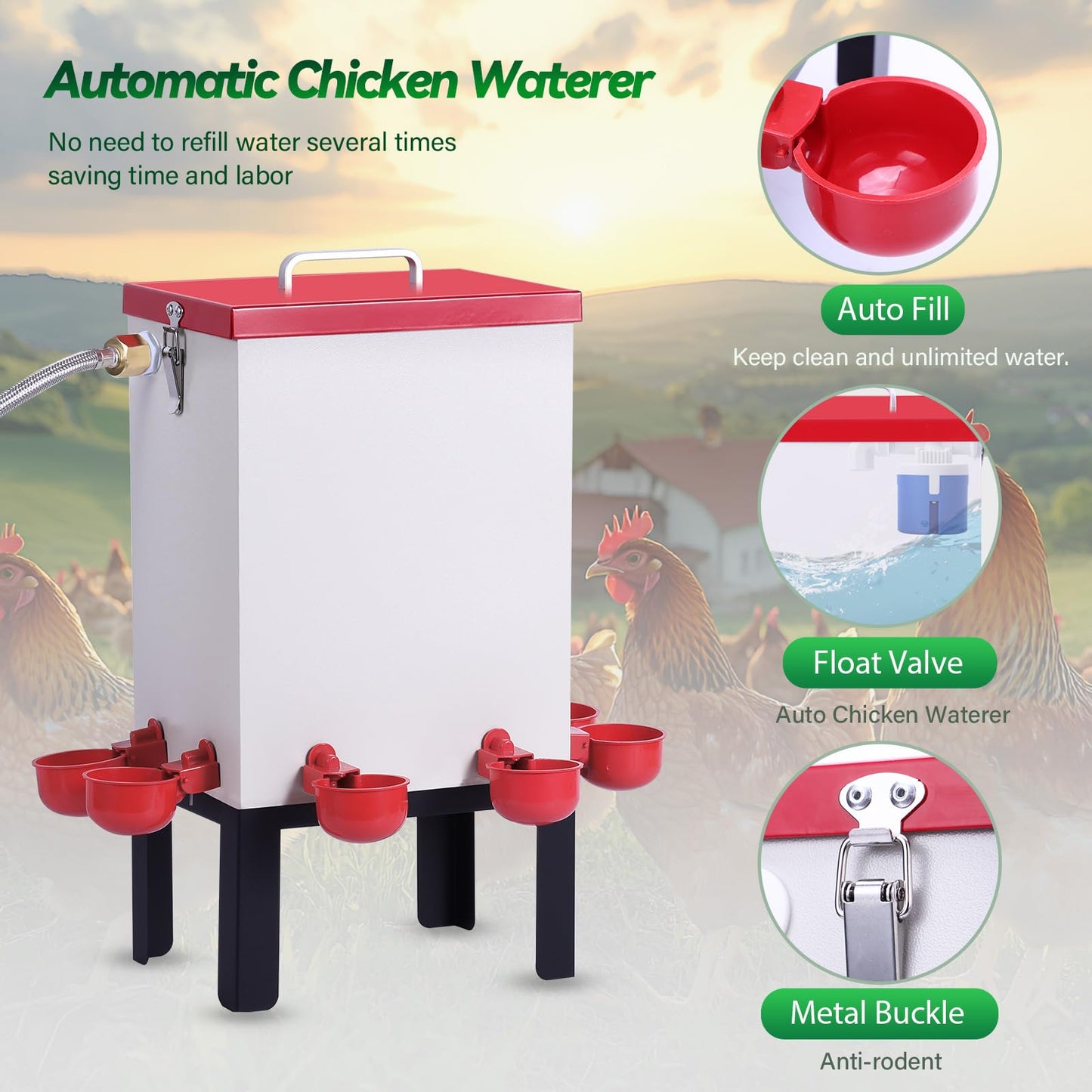3 Gallon Chicken Waterer,Stainless Steels Automatic Chicken Waterer Feeder with Float Valve,Water Cups, Bottom Bracket and Hose (One End 3/4") Poultry Waterer Dispenser for Quail Duck Goose Turkeys