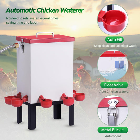 3 Gallon Chicken Waterer,Stainless Steels Automatic Chicken Waterer Feeder with Float Valve,Water Cups, Bottom Bracket and Hose (One End 3/4") Poultry Waterer Dispenser for Quail Duck Goose Turkeys