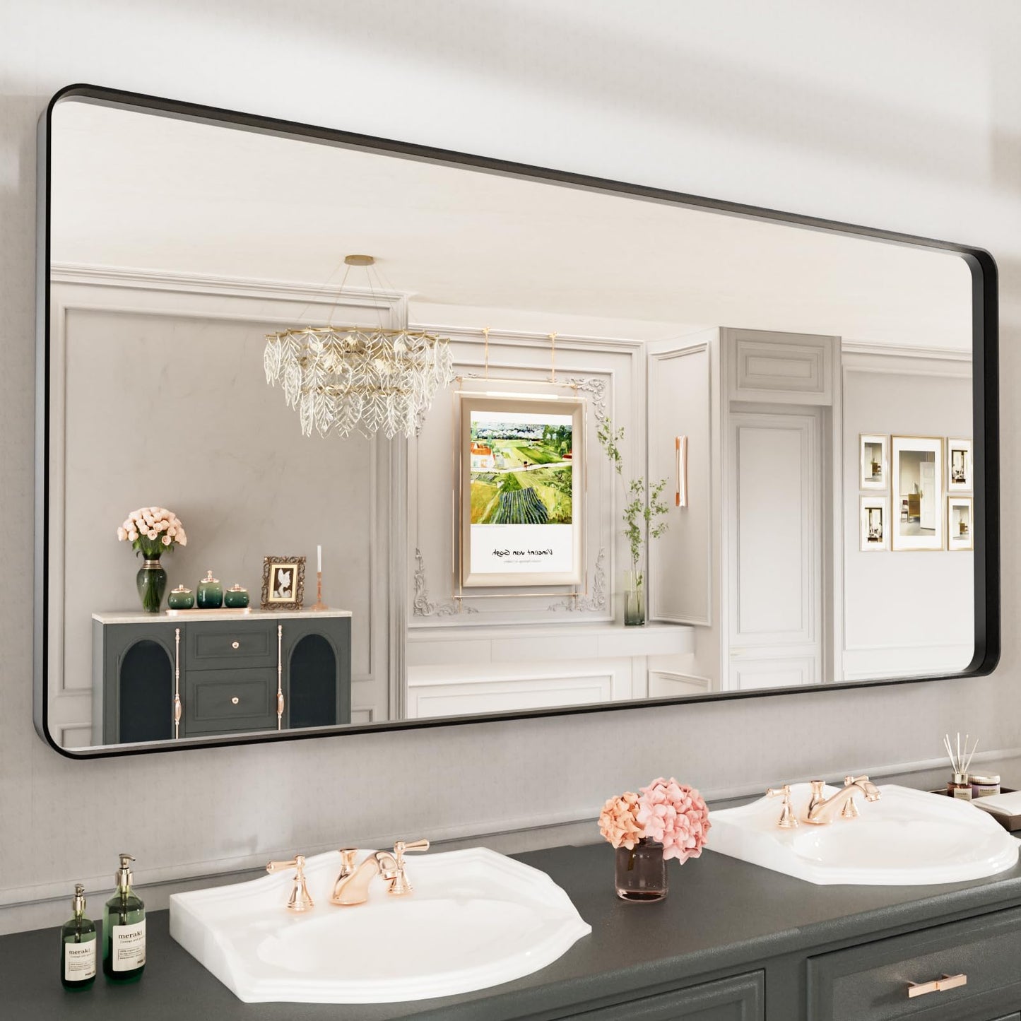 LOAAO 77X36 Inch Black Metal Framed Bathroom Mirror for Wall, Matte Black Bathroom Vanity Mirror Farmhouse, Large Rounded Rectangle Mirror, Anti-Rust, Tempered Glass, Hangs Horizontally or Vertically