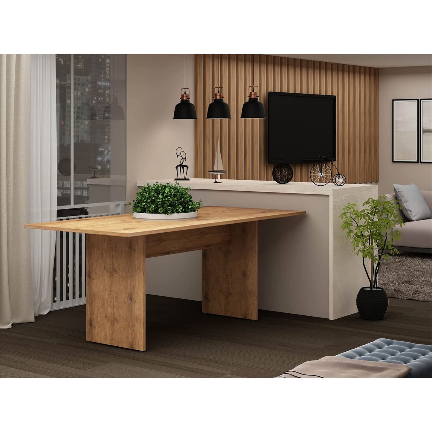 Manhattan Comfort Nomad 3 Piece Dining Set for 6 with Modern Kitchen Table and 2 Benches, Farmhouse Furniture with Rustic Wood Grain Finish, Pedestal Base, Easy Assembly, Dining Set, Nature