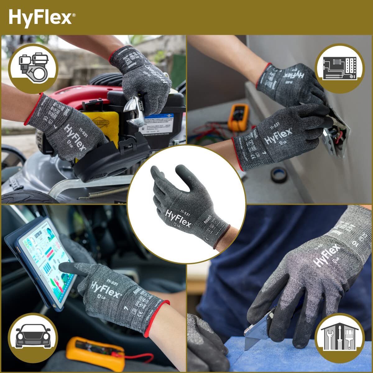 Ansell HYFLEX 11-531 Cut-Resistant Nylon Spandex Industrial Gloves w/Foam Nitrile Palm for Fabrication, Automotive - Large (9), Grey (144 Pairs)