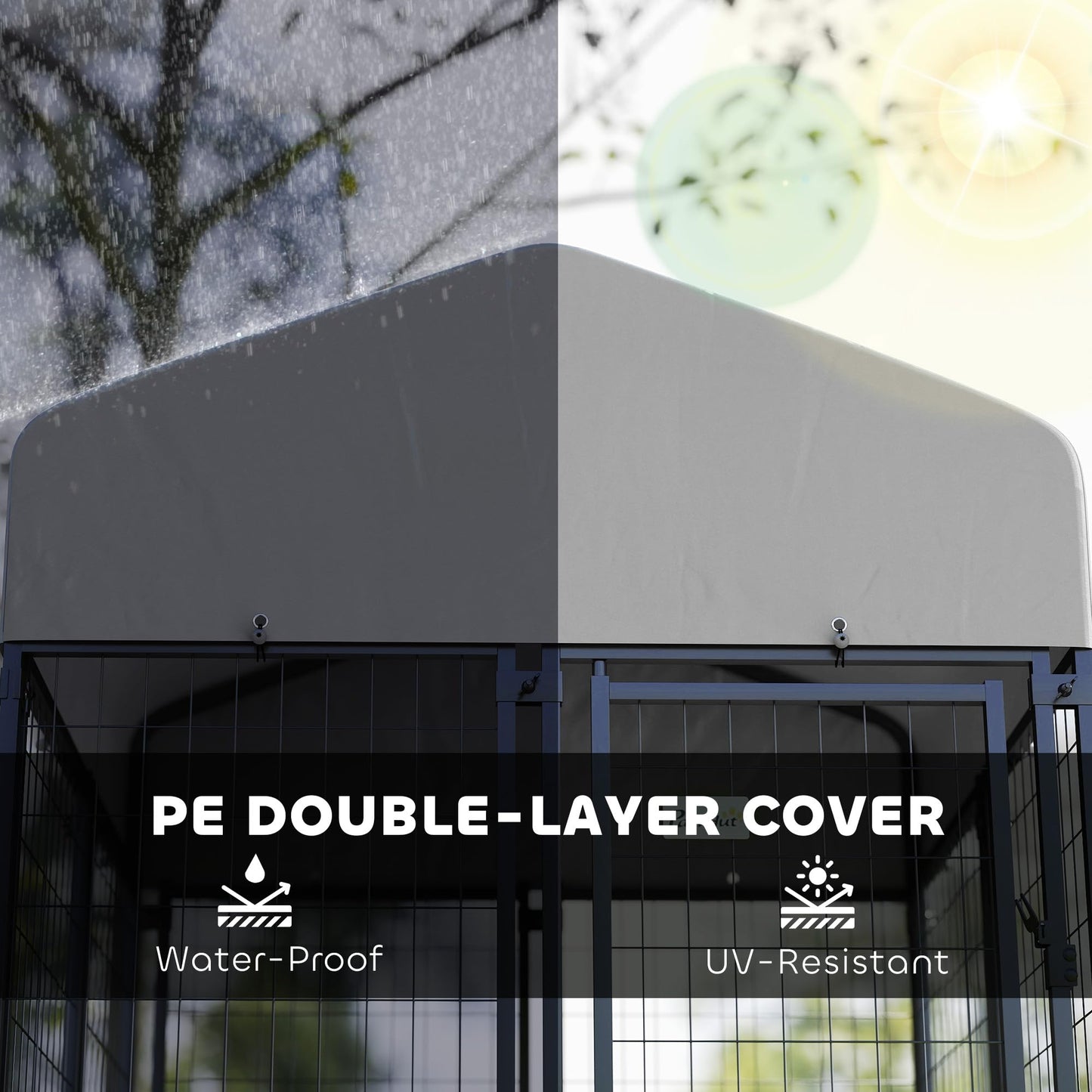 PawHut 4' x 4' x 4.5' Outdoor Dog Kennel, Welded Wire Dog Kennel Outside Run with 360° Rotating & 4 Level Adjustable Bowls, Waterproof & UV Resistant Cover, for S&M Breeds, Chickens, Ducks, Silver
