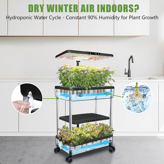 DRYADES 44-Pod Indoor Hydroponic Growing System + 3 Free Seeds Starter Kit (Lettuce, Salad Mixed, Basil Seeds) – Dual 53W Full-Spectrum LED, 10-L Water Tank, 2-Tier Grow Pods