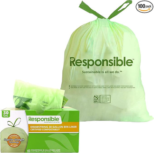 Kitchen Bin Liners, Certified Compostable, Heavy Duty Multipurpose Food Scrap Bags, Made from Compostable Materials (30 Gallon Drawstring, 30 Gallon (42 Count))