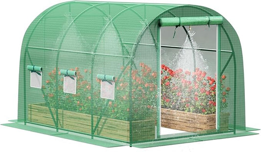 Greenhouse, Portable Greenhouses for Outdoors, Large Walk in Green House for Outside with Ventilated Roll-up Door and Reinforced Frame (Green, 10x10x7 ft w/ Irrigation System)