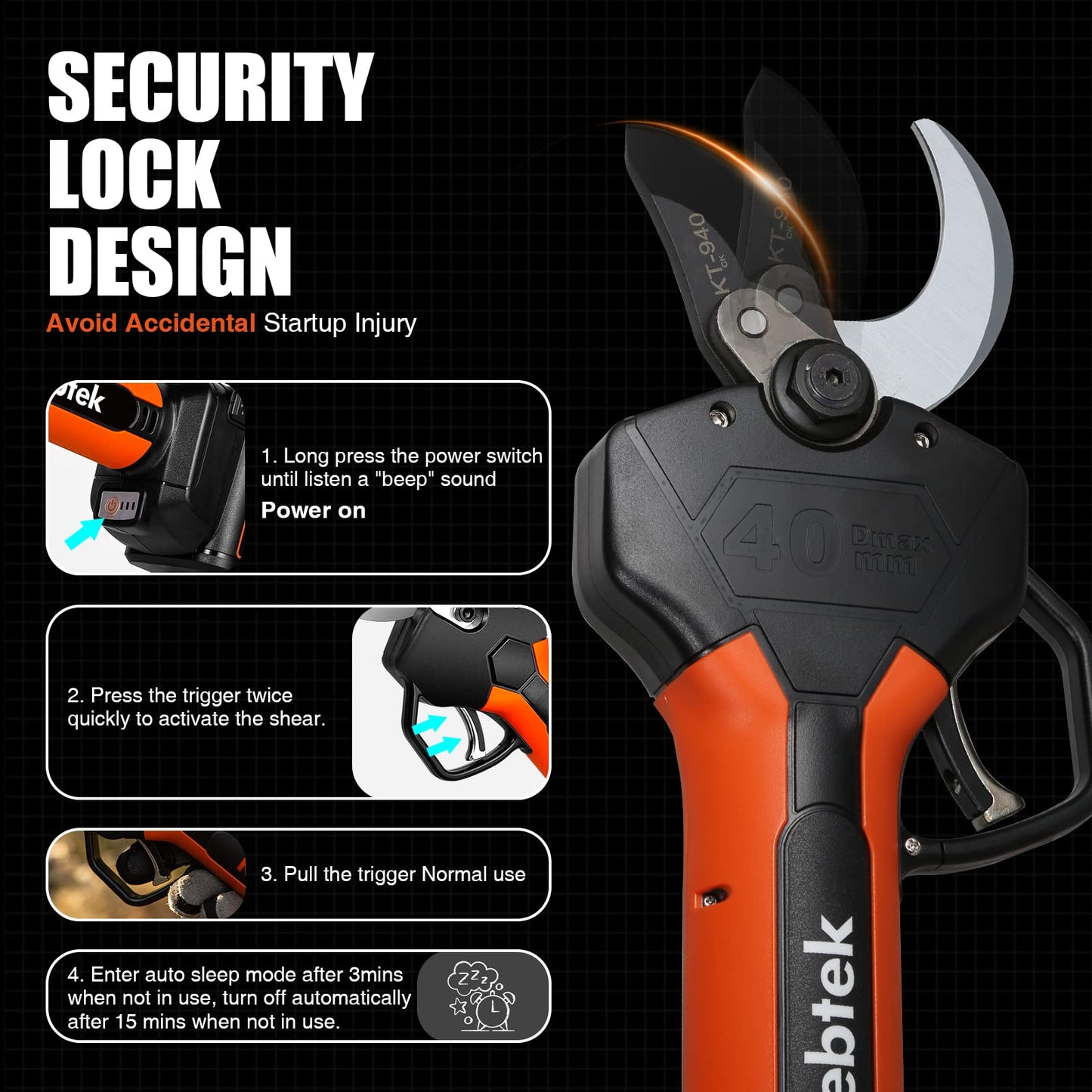 2 In 1 Electric Pruning Shears 40MM Pole Set，Brushless Motor 2Pack 2AH Rechargeable Battery-LCD Display Screen (KT940 Pruner+Pole Set)