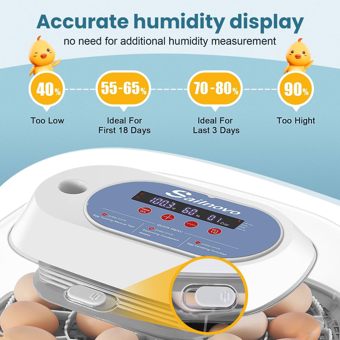 Sailnovo 24 Eggs Incubators for Chicken Eggs with 4 Modes, 360° View Incubator with Automatic Egg Turning and Temperature Control Humidity Display, Digital Incubator for Chicken Quail Duck(Blue)