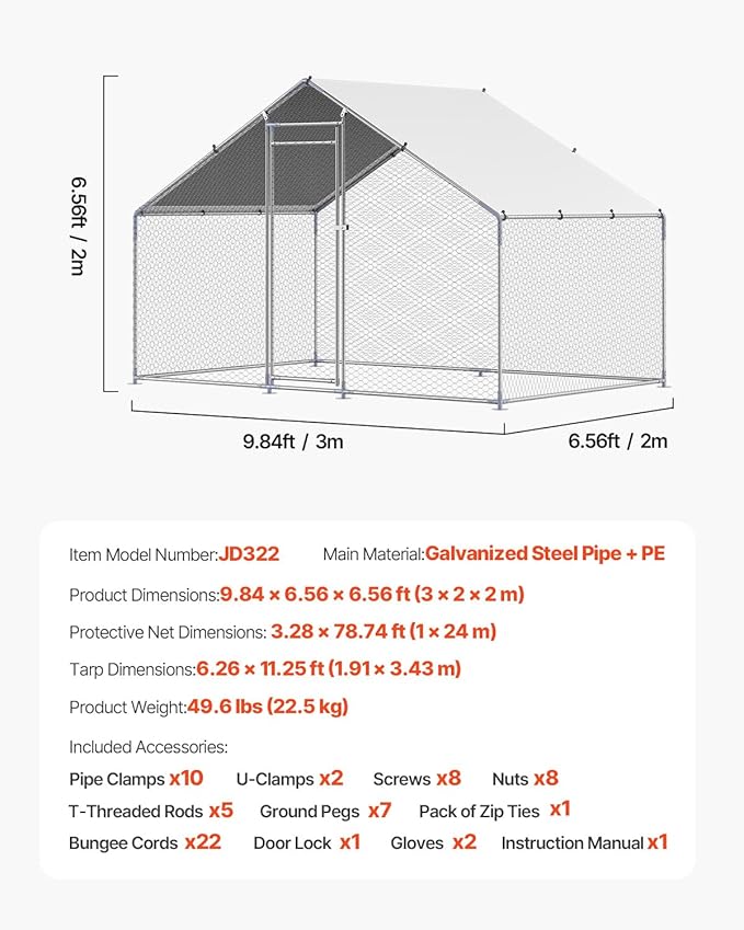 VEVOR Large Metal Chicken Coop with Run, Walkin Chicken Coop for Yard with Waterproof Cover, 6.5 x 9.8 x 6.5 ft, Spire Roof Large Poultry Cage for Hen House, Duck Coop and Rabbit Run