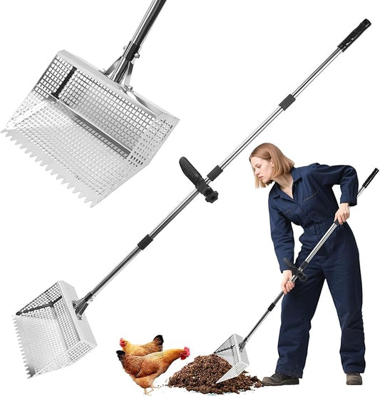 12in Wide chicken poop scooper and rake，Aluminum Poop Scoop Shovel for Cleaning Coops, Sand, Bedding，Adjustable Long Handle， Garden, Farm, Livestock Waste Removal Tool，chicken coop accessories