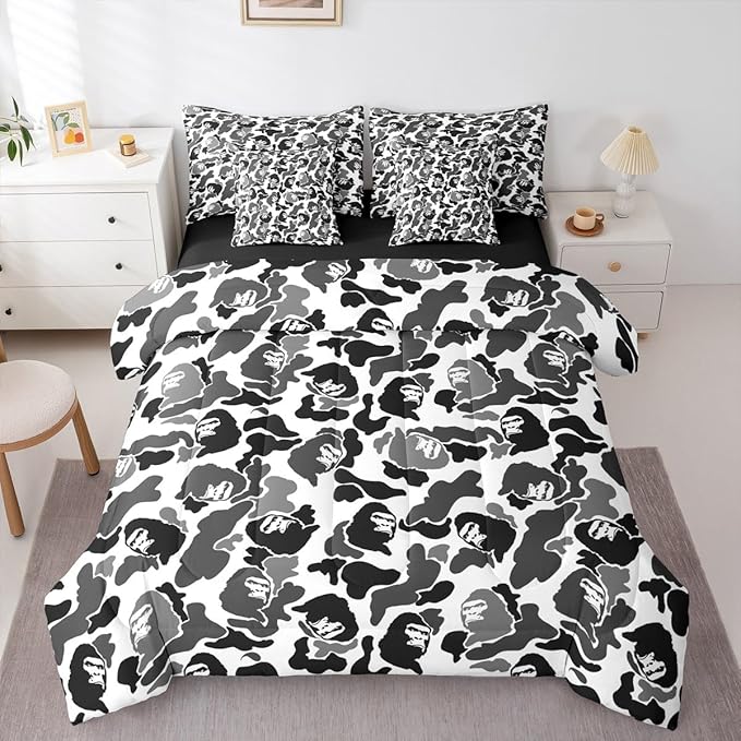 Feelyou Camo Comforter Set with Sheets 7 Piece Twin Size Camouflage Bedding Set for Kids Boys Girls Camo Monkey Bed in a Bag Hunting Room Decor Grey and Black Soft Lightweight Microfiber