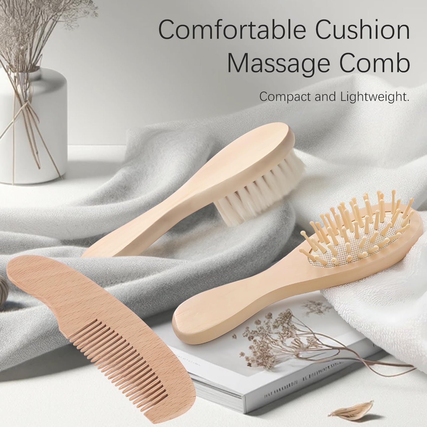 Jaasuee Baby Bath Grooming Kit Natural Wooden Hairbrush with Gentle Goat Bristles, Pear Wood Comb, and Soothing Massage Brush for Babies, Toddlers, and Kids