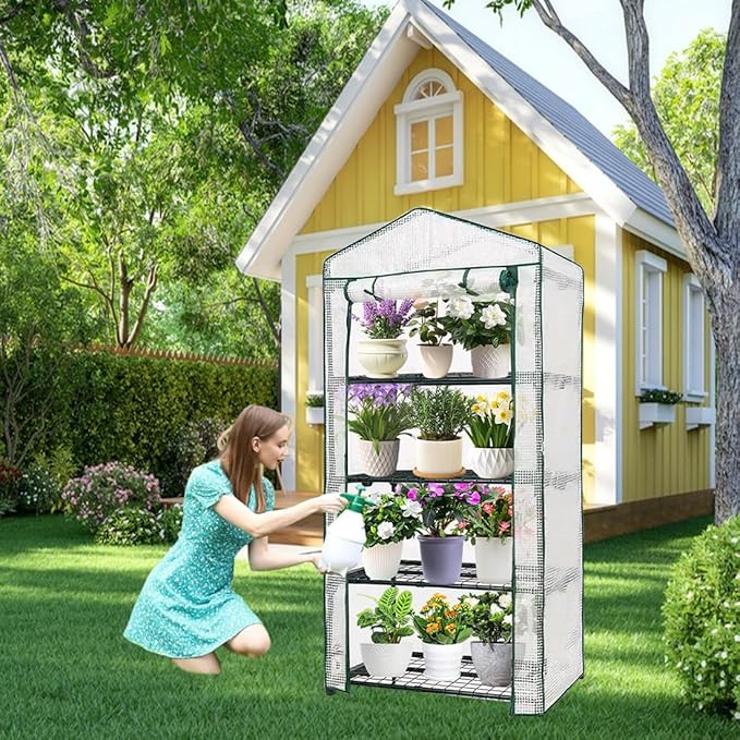 4-Tier Mini Greenhouse, Green House for Flower Indoor Outdoor, Portable Plant Outdoor Cage with Heavy Duty PVC Clear Cover & Steel Frame,Greenhouse for Seed Starting, Mushroom,Vegetables