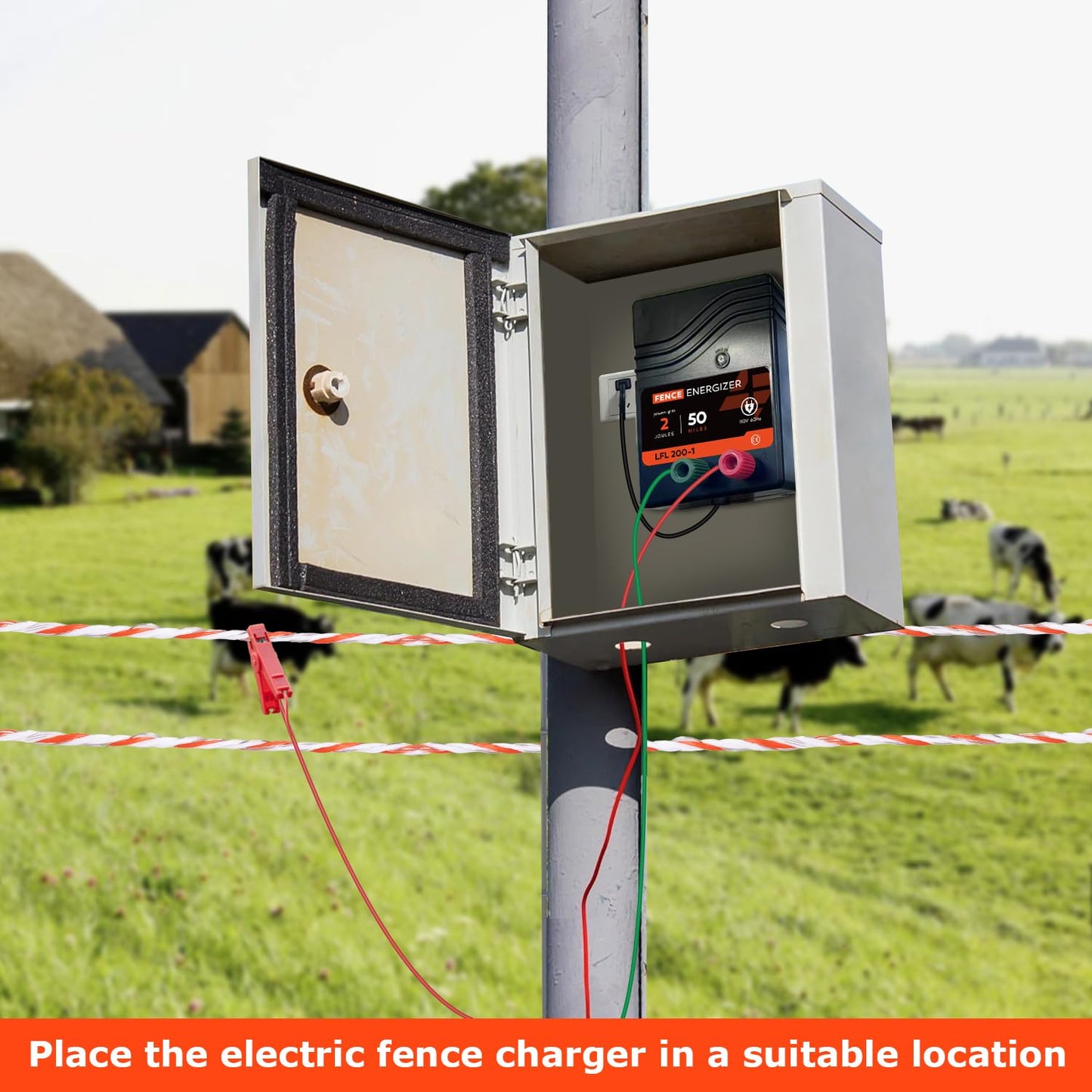 Electric Fence Charger AC Powered 50 Miles 165 Acres, 110 Volt 2 Joule Plug-in Electric Fence Energizer, Output Voltage Max 10 kV for Livestock, Preventing Predators from Intruding