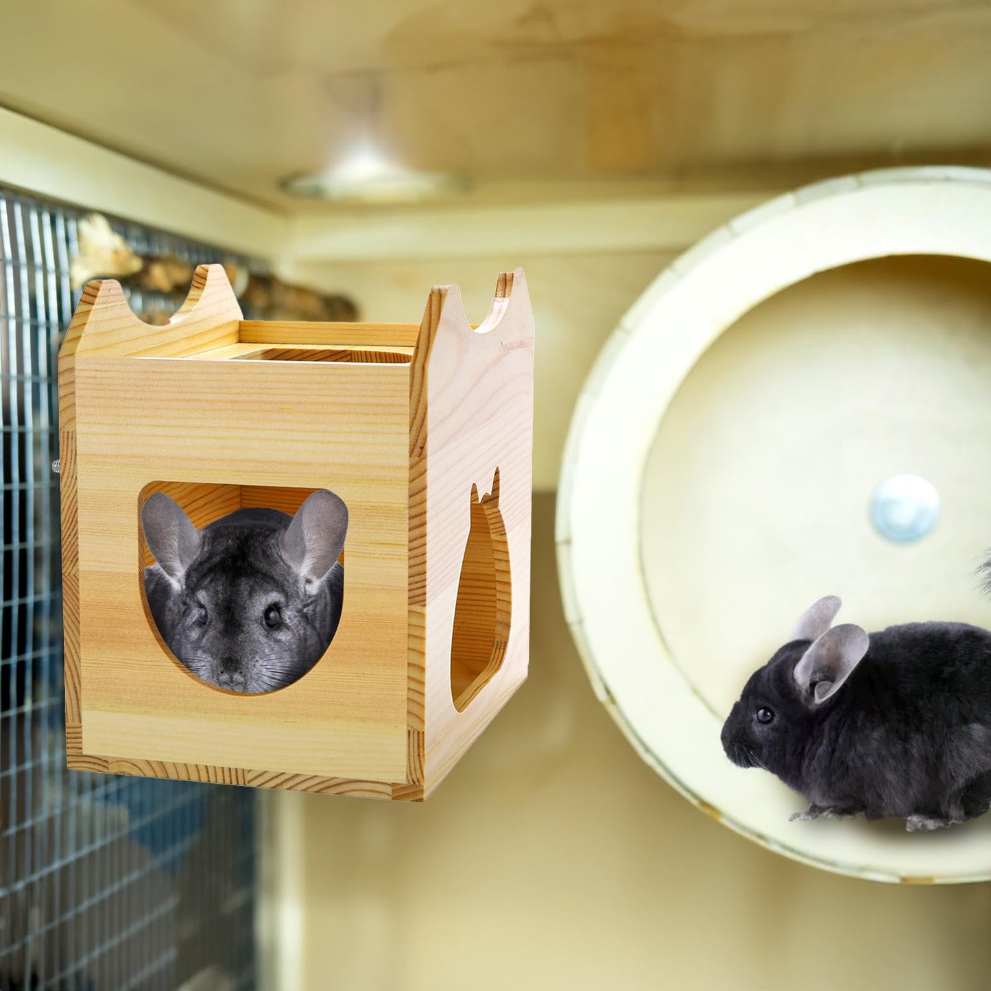Yesland Wood Chinchilla House, Natural Small Animal Hideout Hut for Chinchilla, Squirrel, Sugar Gliders in Cage -Ventilated Wooden Hamster Habitat with Multiple Doors - 8.5 X 6 X 8 Inches