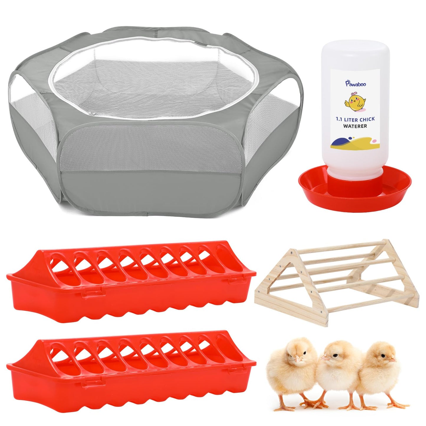 Pawaboo 5-in-1 Chicken Brooder Box for Chick Starter Kit, Includes Pet Cage Tent, Chicks Perch, Chicks Feeder, 1.1L Chick Waterer, Baby Chicken Supplies (Brooder Set), Gray