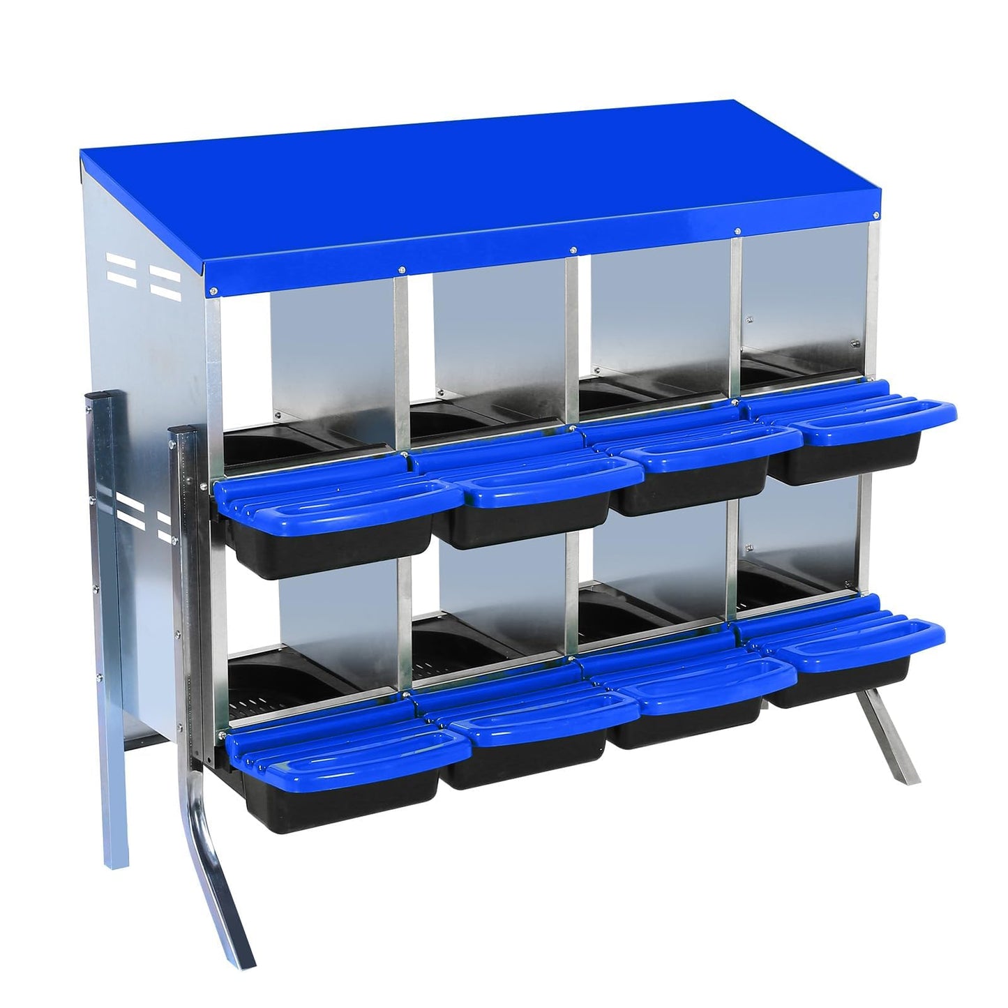 Chicken Nesting Boxes, 8 Hole Metal Chicken Laying Box with with Removable Trays and Roll Out Egg Collection for Chicken Coop, with Metal Bracket, Blue