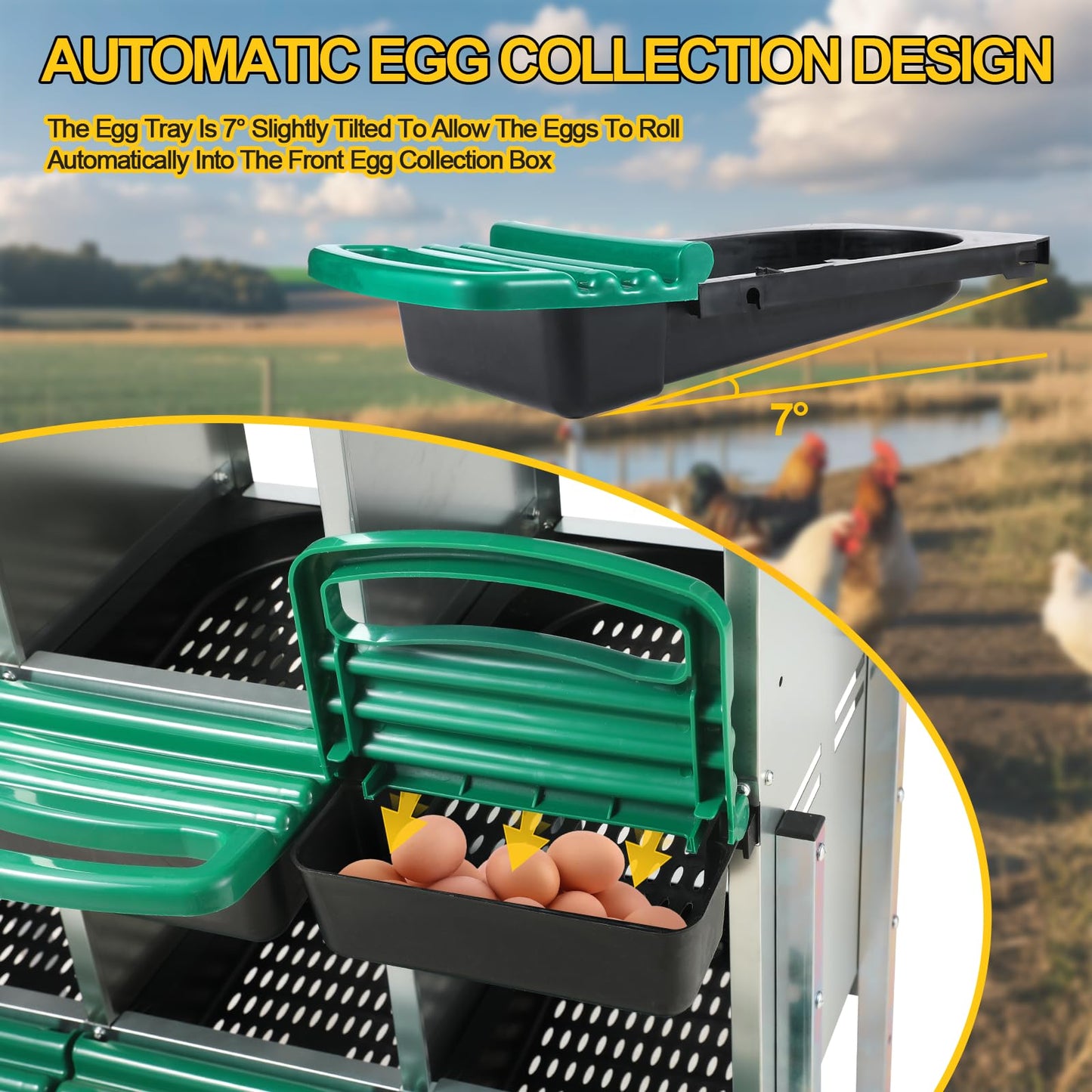 YeeJinHong Two-Tier Chicken Nesting Box,6 Hole Metal Chicken Egg Laying Box with Swing Perch and Rollout Egg Collection Protect Eggs
