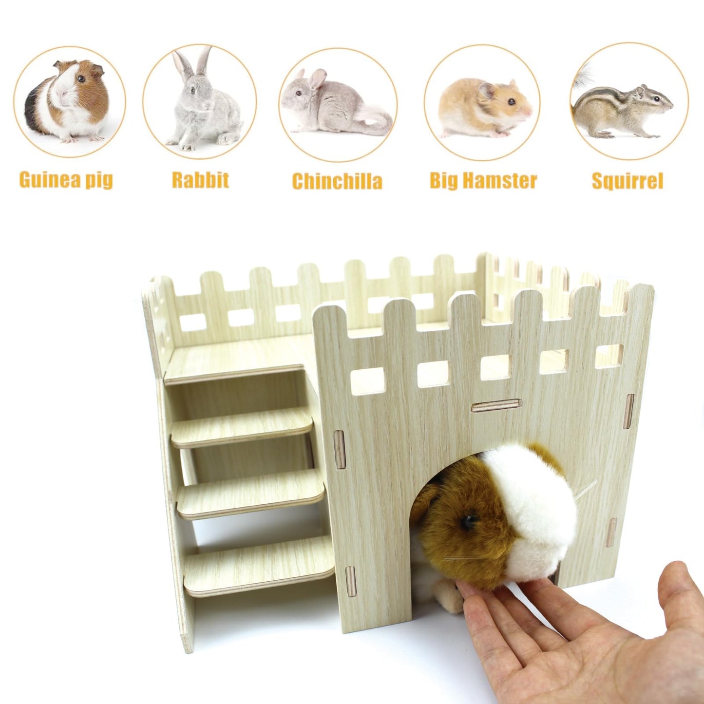Amonk Hamster Hideout 10x8x7 inch Large Size Wooden House Wood Hut Habitats Decor with Climbing Ladder for Bunny, Chinchillas, Dwarf Rabbits, and Other Small Pet Animals